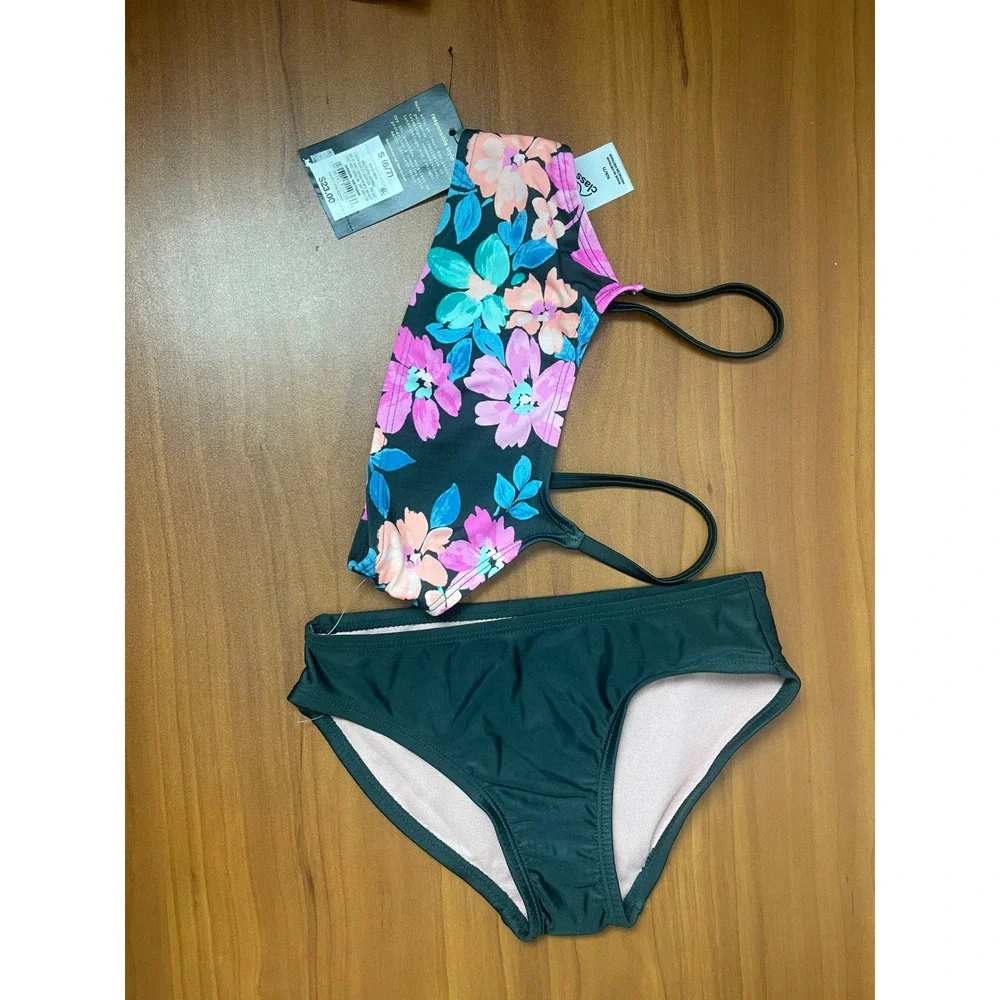 Art Class Girls 3-Piece Swimsuit Set Black Floral Rash Guard Bikini Small Sz6/7
